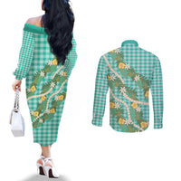 Aloha Puakenikeni Anthurium Pikake Lei Couples Matching Off The Shoulder Long Sleeve Dress and Long Sleeve Button Shirt Marine Hawaiian Palaka Pattern LT9 - Polynesian Pride