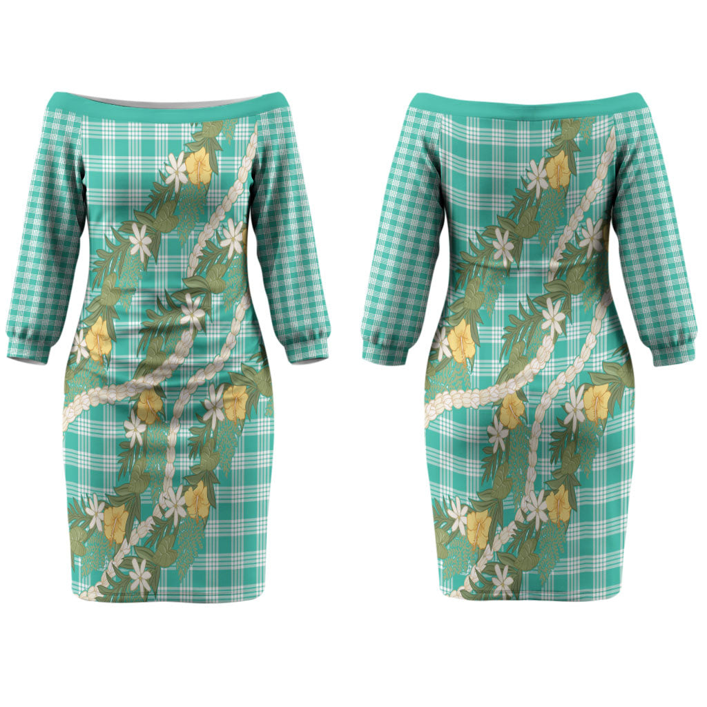 Aloha Puakenikeni Anthurium Pikake Lei Couples Matching Off The Shoulder Long Sleeve Dress and Long Sleeve Button Shirt Marine Hawaiian Palaka Pattern LT9 - Polynesian Pride