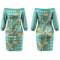 Aloha Puakenikeni Anthurium Pikake Lei Couples Matching Off The Shoulder Long Sleeve Dress and Long Sleeve Button Shirt Marine Hawaiian Palaka Pattern LT9 - Polynesian Pride