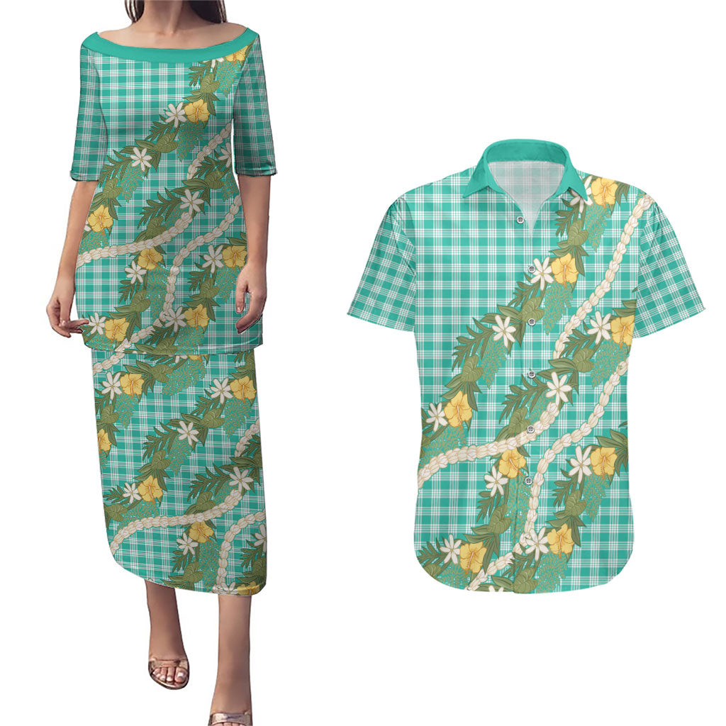 Aloha Puakenikeni Anthurium Pikake Lei Couples Matching Puletasi and Hawaiian Shirt Marine Hawaiian Palaka Pattern LT9 Marine - Polynesian Pride