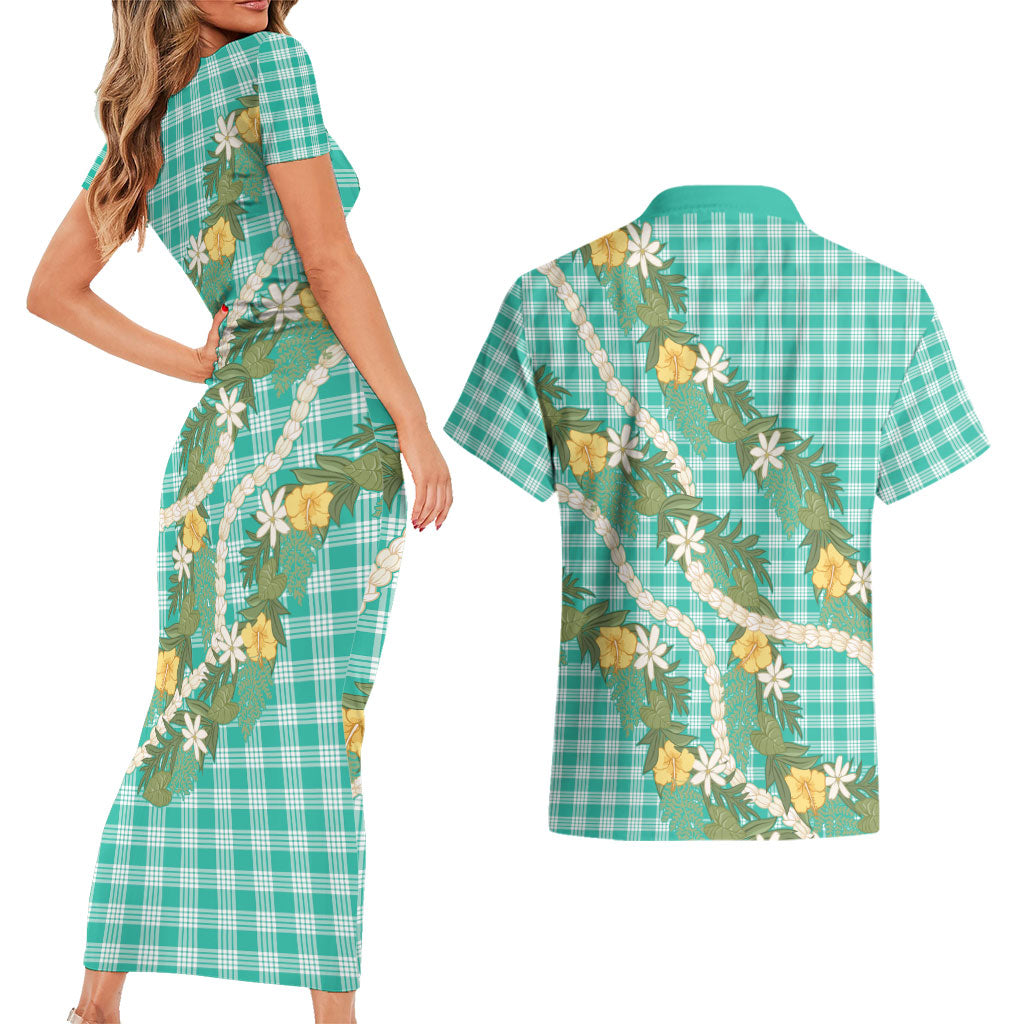 Aloha Puakenikeni Anthurium Pikake Lei Couples Matching Short Sleeve Bodycon Dress and Hawaiian Shirt Marine Hawaiian Palaka Pattern LT9 - Polynesian Pride