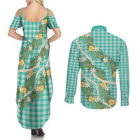 Aloha Puakenikeni Anthurium Pikake Lei Couples Matching Summer Maxi Dress and Long Sleeve Button Shirt Marine Hawaiian Palaka Pattern LT9 - Polynesian Pride
