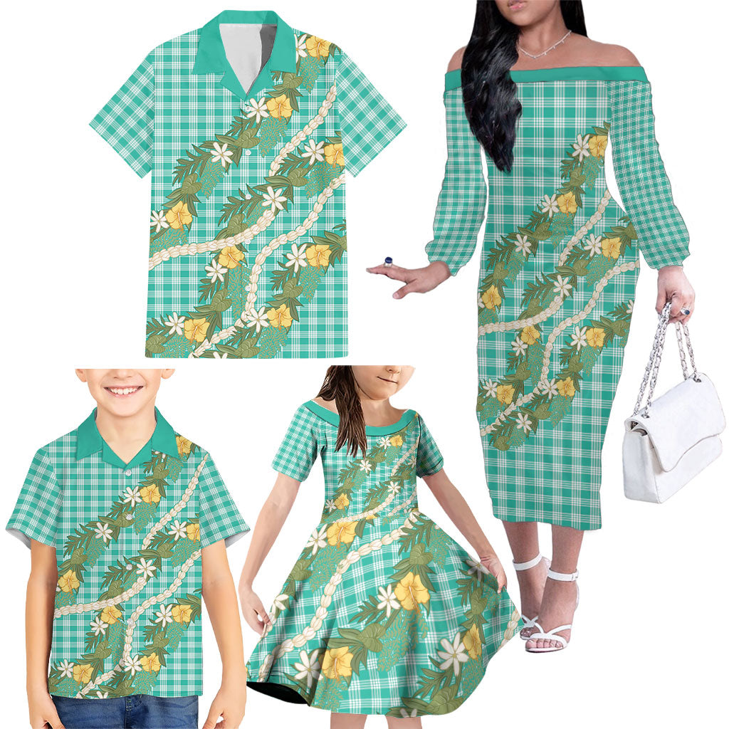 Aloha Puakenikeni Anthurium Pikake Lei Family Matching Off The Shoulder Long Sleeve Dress and Hawaiian Shirt Marine Hawaiian Palaka Pattern
