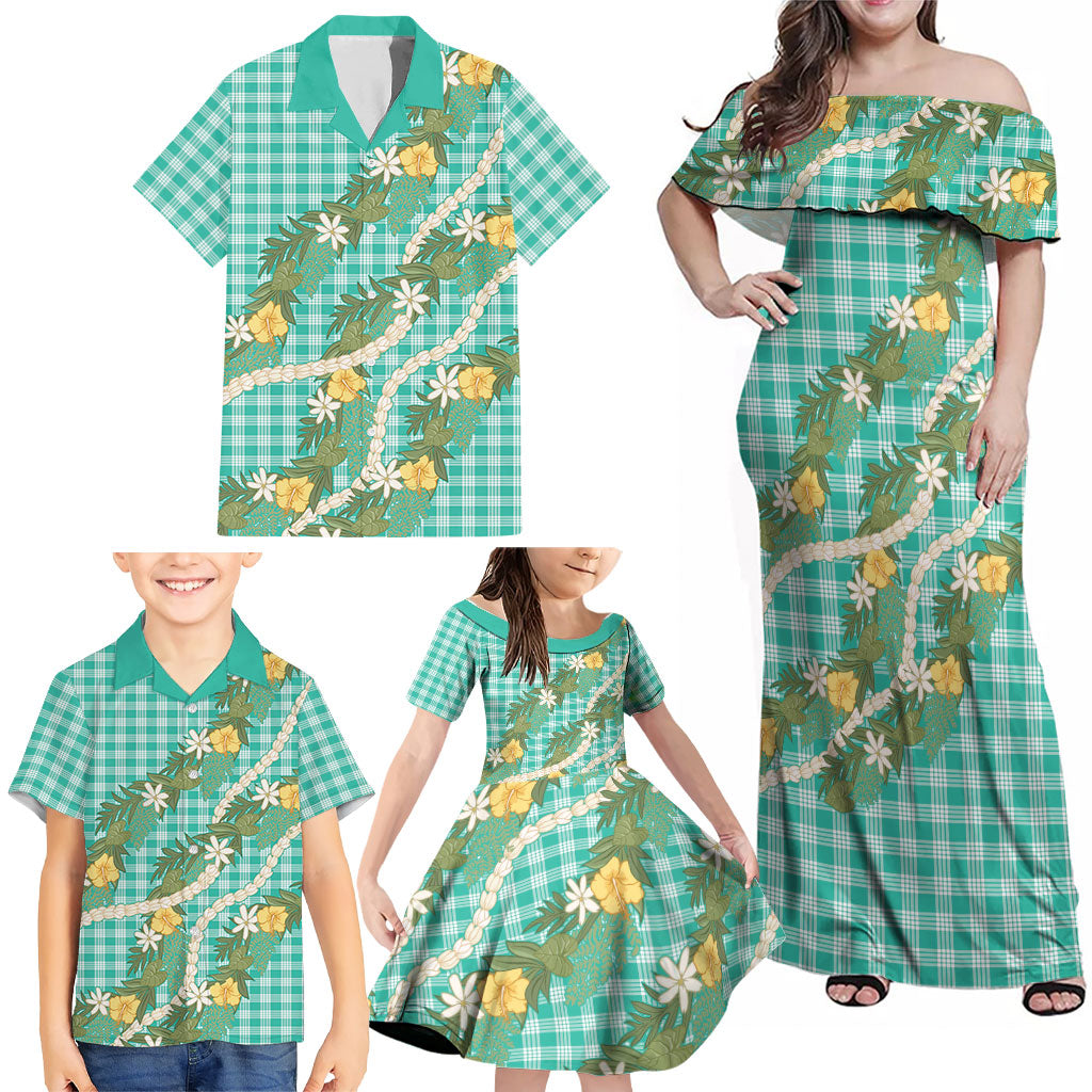 Aloha Puakenikeni Anthurium Pikake Lei Family Matching Off Shoulder Maxi Dress and Hawaiian Shirt Marine Hawaiian Palaka Pattern LT9 - Polynesian Pride