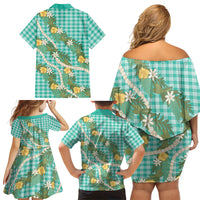 Aloha Puakenikeni Anthurium Pikake Lei Family Matching Off Shoulder Short Dress and Hawaiian Shirt Marine Hawaiian Palaka Pattern LT9 - Polynesian Pride