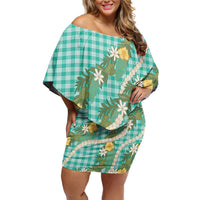 Aloha Puakenikeni Anthurium Pikake Lei Family Matching Off Shoulder Short Dress and Hawaiian Shirt Marine Hawaiian Palaka Pattern LT9 Mom's Dress Marine - Polynesian Pride