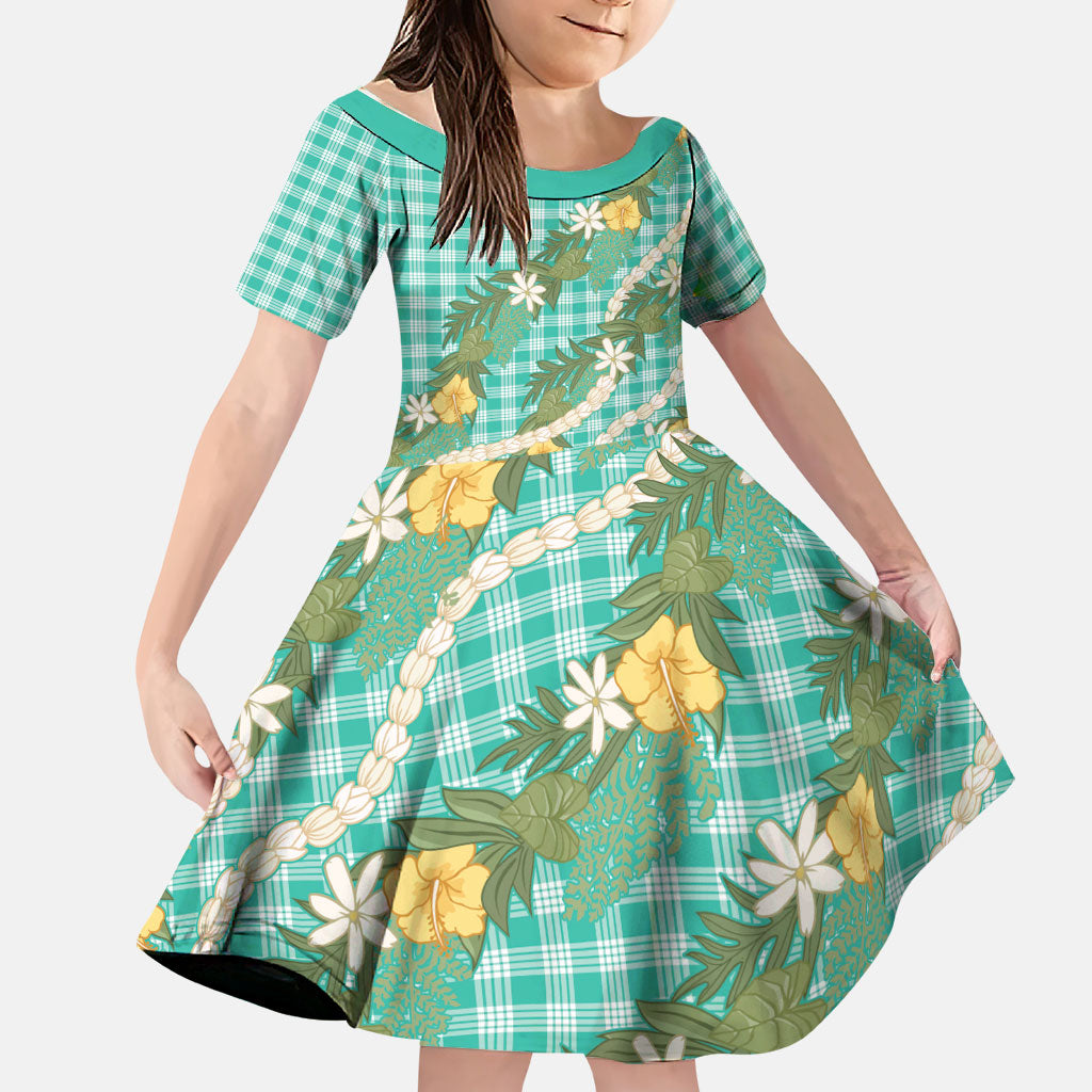 Aloha Puakenikeni Anthurium Pikake Lei Family Matching Puletasi and Hawaiian Shirt Marine Hawaiian Palaka Pattern LT9 Daughter's Dress Marine - Polynesian Pride