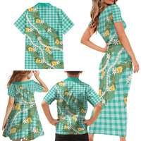 Aloha Puakenikeni Anthurium Pikake Lei Family Matching Short Sleeve Bodycon Dress and Hawaiian Shirt Marine Hawaiian Palaka Pattern LT9 - Polynesian Pride
