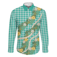 Aloha Puakenikeni Anthurium Pikake Lei Family Matching Summer Maxi Dress and Hawaiian Shirt Marine Hawaiian Palaka Pattern LT9 Dad's Shirt - Long Sleeve Marine - Polynesian Pride