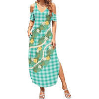 Aloha Puakenikeni Anthurium Pikake Lei Family Matching Summer Maxi Dress and Hawaiian Shirt Marine Hawaiian Palaka Pattern LT9 Mom's Dress Marine - Polynesian Pride
