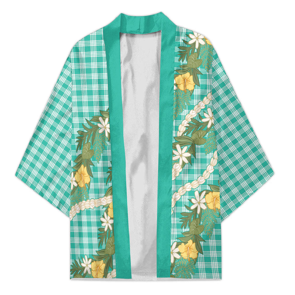 Aloha Puakenikeni Anthurium Pikake Lei Kimono Marine Hawaiian Palaka Pattern
