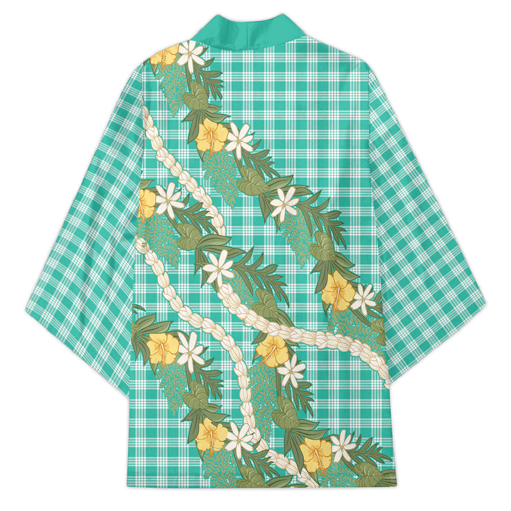 Aloha Puakenikeni Anthurium Pikake Lei Kimono Marine Hawaiian Palaka Pattern