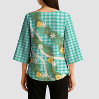 Aloha Puakenikeni Anthurium Pikake Lei Kimono Sleeve Blouse Marine Hawaiian Palaka Pattern