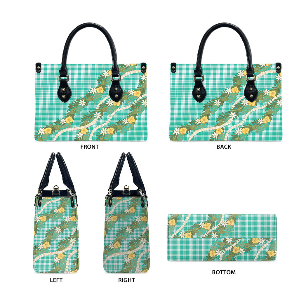 Aloha Puakenikeni Anthurium Pikake Lei Leather Bag Marine Hawaiian Palaka Pattern