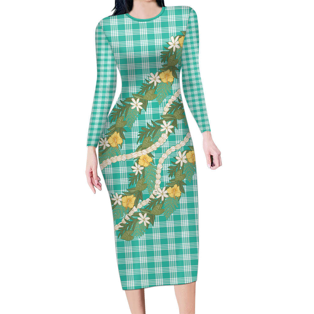 Aloha Puakenikeni Anthurium Pikake Lei Long Sleeve Bodycon Dress Marine Hawaiian Palaka Pattern
