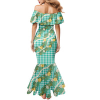 Aloha Puakenikeni Anthurium Pikake Lei Mermaid Dress Marine Hawaiian Palaka Pattern