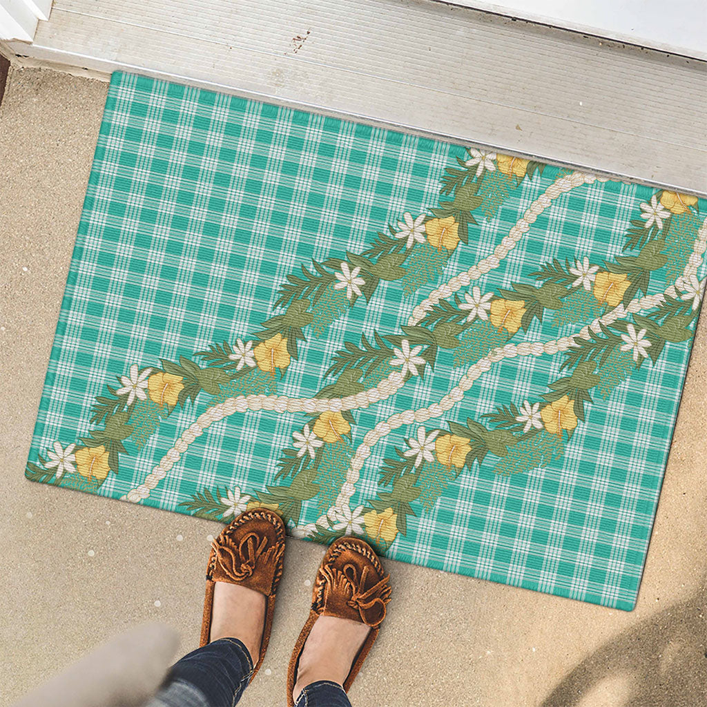 Aloha Puakenikeni Anthurium Pikake Lei Rubber Doormat Marine Hawaiian Palaka Pattern