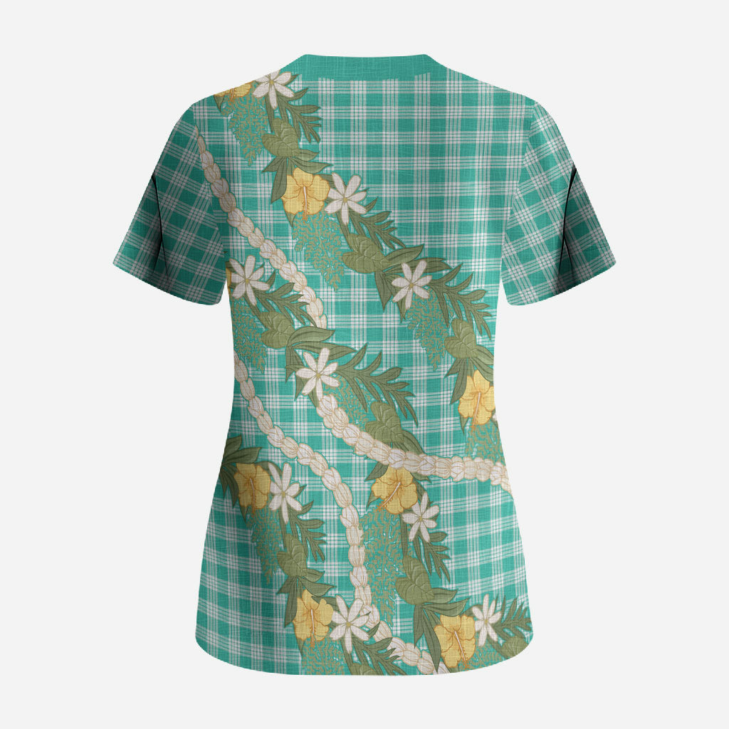Aloha Puakenikeni Anthurium Pikake Lei Scrub Top Marine Hawaiian Palaka Pattern