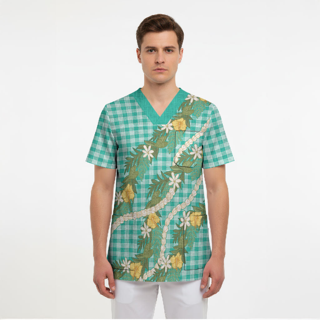 Aloha Puakenikeni Anthurium Pikake Lei Scrub Top Marine Hawaiian Palaka Pattern