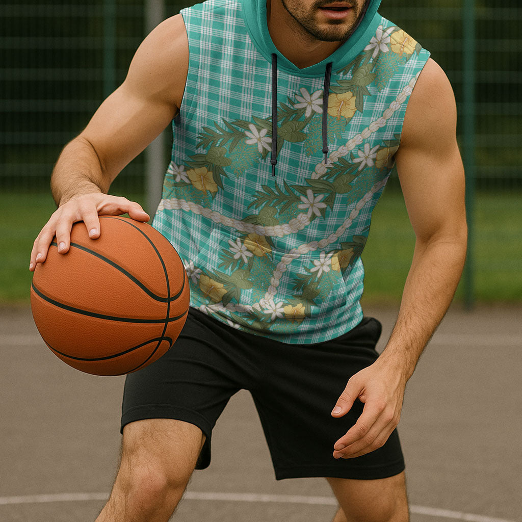 Aloha Puakenikeni Anthurium Pikake Lei Sleeveless Hoodie Marine Hawaiian Palaka Pattern