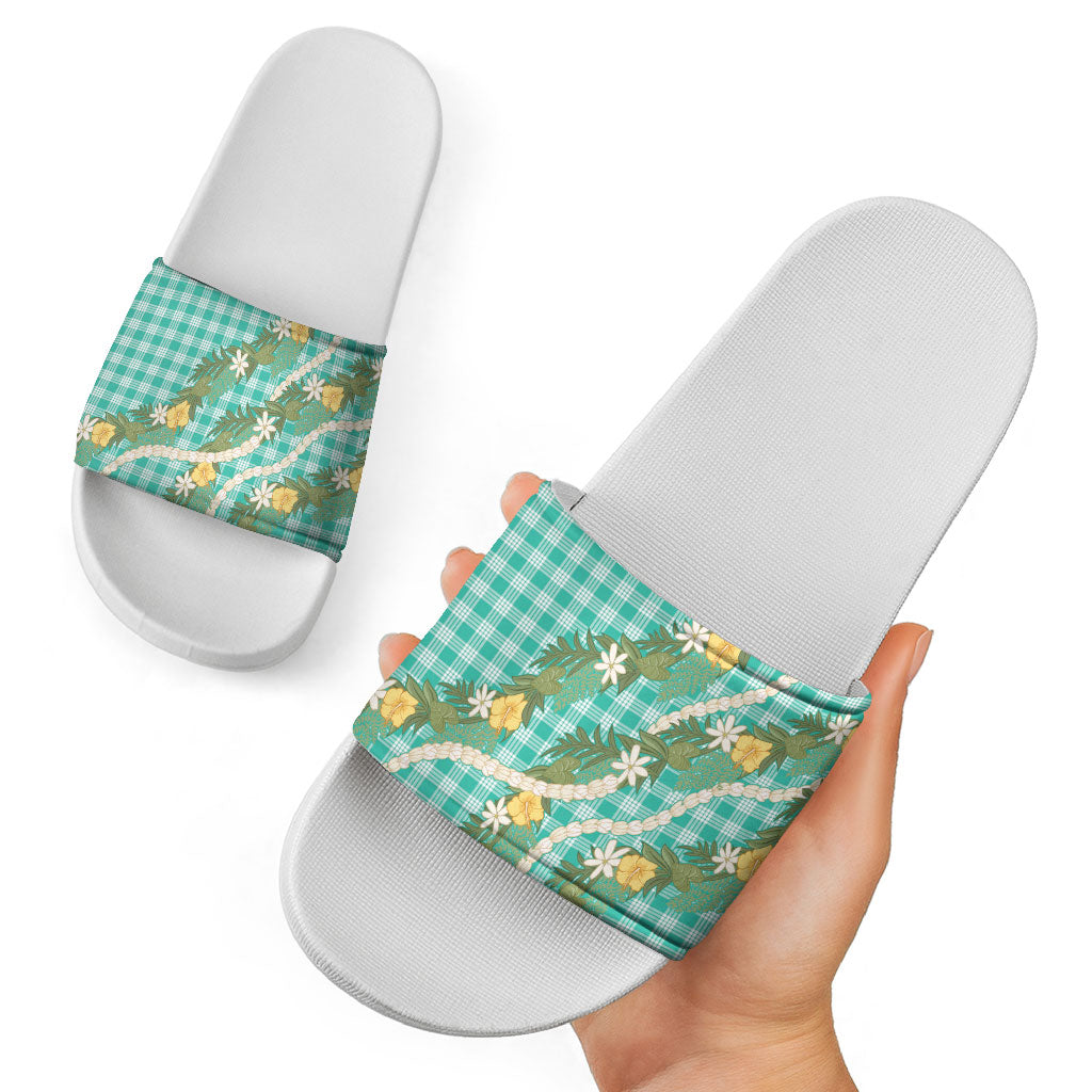 Aloha Puakenikeni Anthurium Pikake Lei Slide Sandals Marine Hawaiian Palaka Pattern