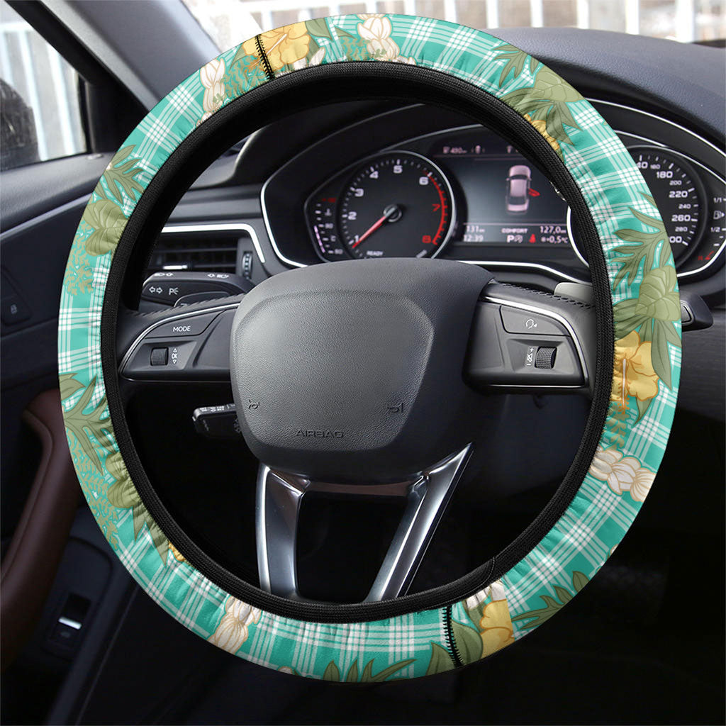 Aloha Puakenikeni Anthurium Pikake Lei Steering Wheel Cover Marine Hawaiian Palaka Pattern