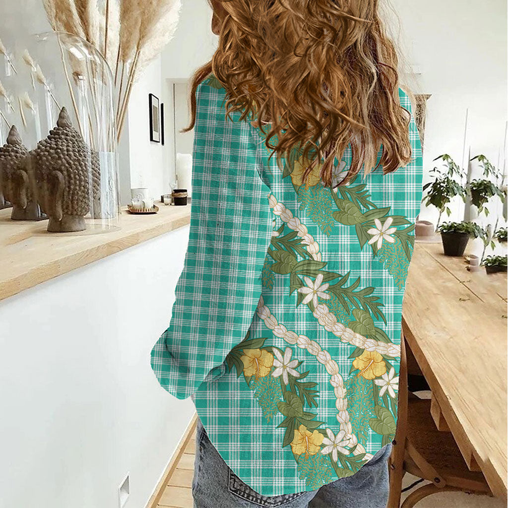 Aloha Puakenikeni Anthurium Pikake Lei Women Casual Shirt Marine Hawaiian Palaka Pattern LT9 - Polynesian Pride