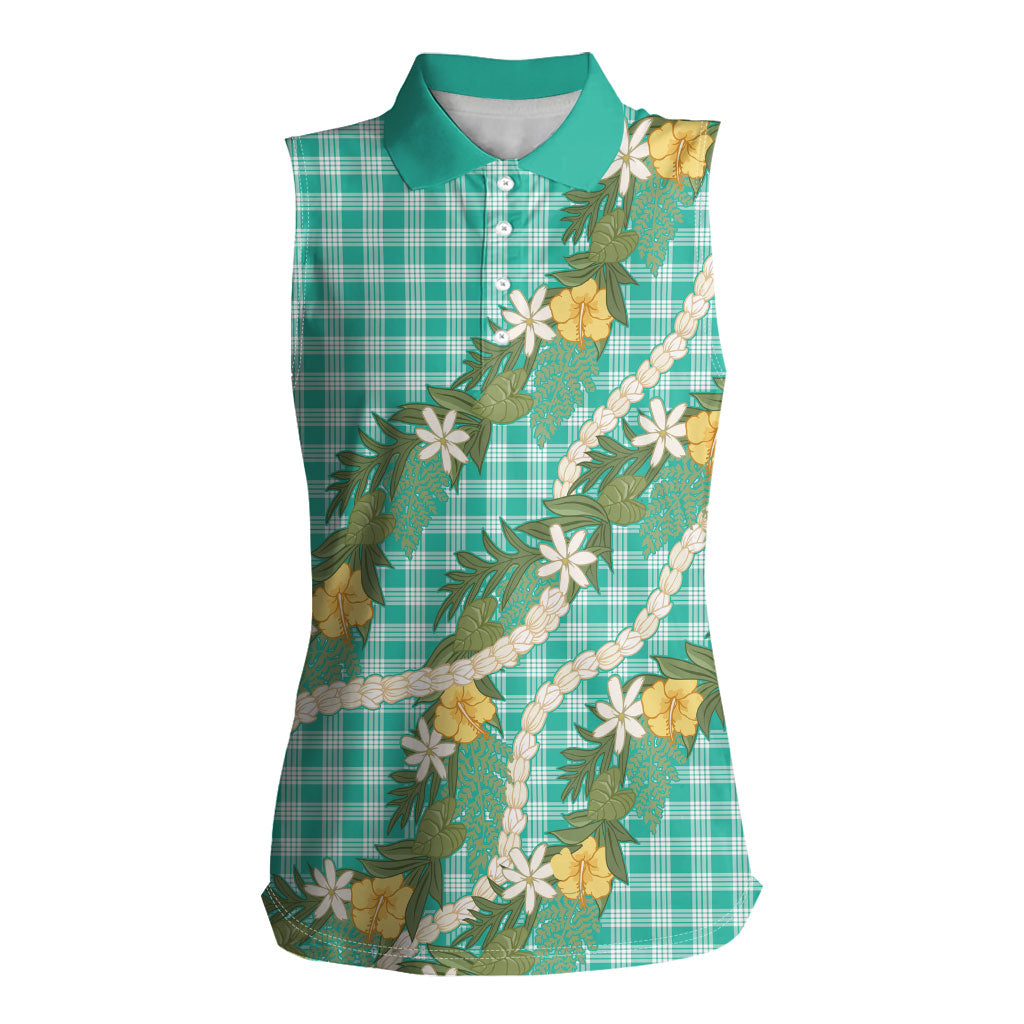 Aloha Puakenikeni Anthurium Pikake Lei Women Sleeveless Polo Shirt Marine Hawaiian Palaka Pattern LT9 Female Marine - Polynesian Pride