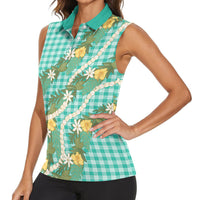 Aloha Puakenikeni Anthurium Pikake Lei Women Sleeveless Polo Shirt Marine Hawaiian Palaka Pattern LT9 - Polynesian Pride
