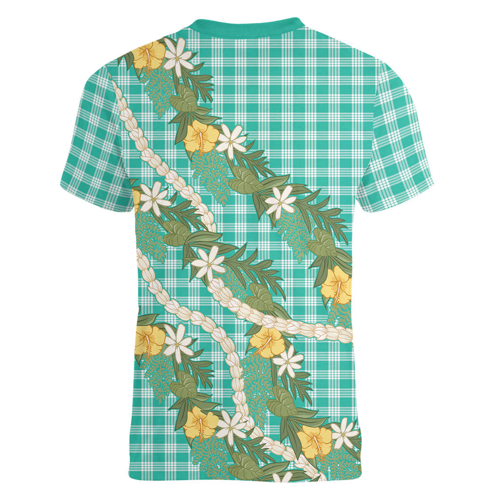 Aloha Puakenikeni Anthurium Pikake Lei Women V-Neck T-Shirt Marine Hawaiian Palaka Pattern LT9 - Polynesian Pride