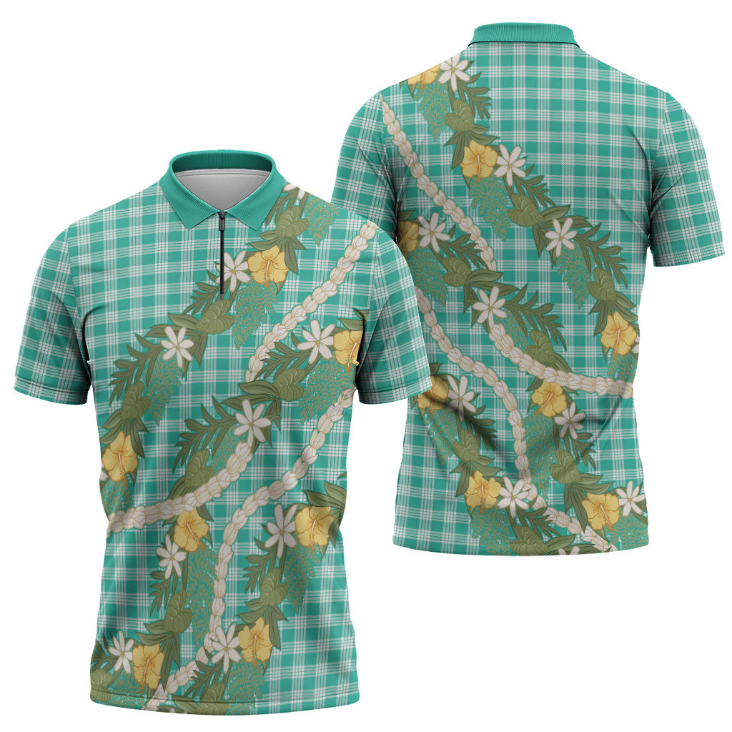 Aloha Puakenikeni Anthurium Pikake Lei Zipper Polo Shirt Marine Hawaiian Palaka Pattern