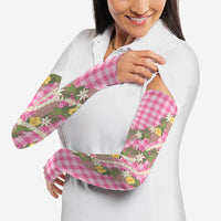 Aloha Puakenikeni Anthurium Pikake Lei Arm Sleeves Tropical Pink Hawaiian Palaka Pattern