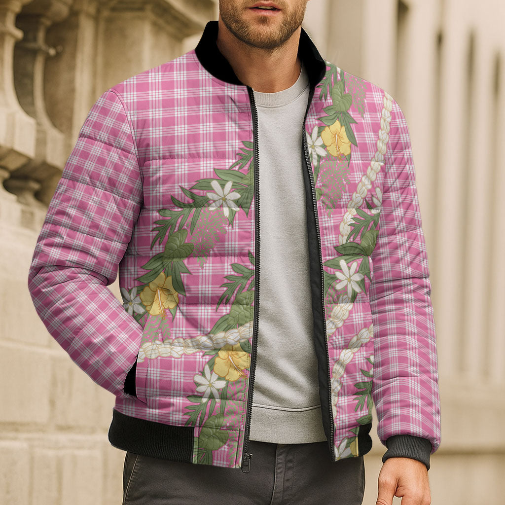 Aloha Puakenikeni Anthurium Pikake Lei Bomber Puffer Jacket Tropical Pink Hawaiian Palaka Pattern