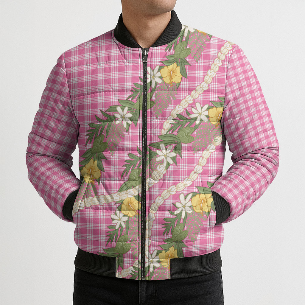 Aloha Puakenikeni Anthurium Pikake Lei Bomber Puffer Jacket Tropical Pink Hawaiian Palaka Pattern