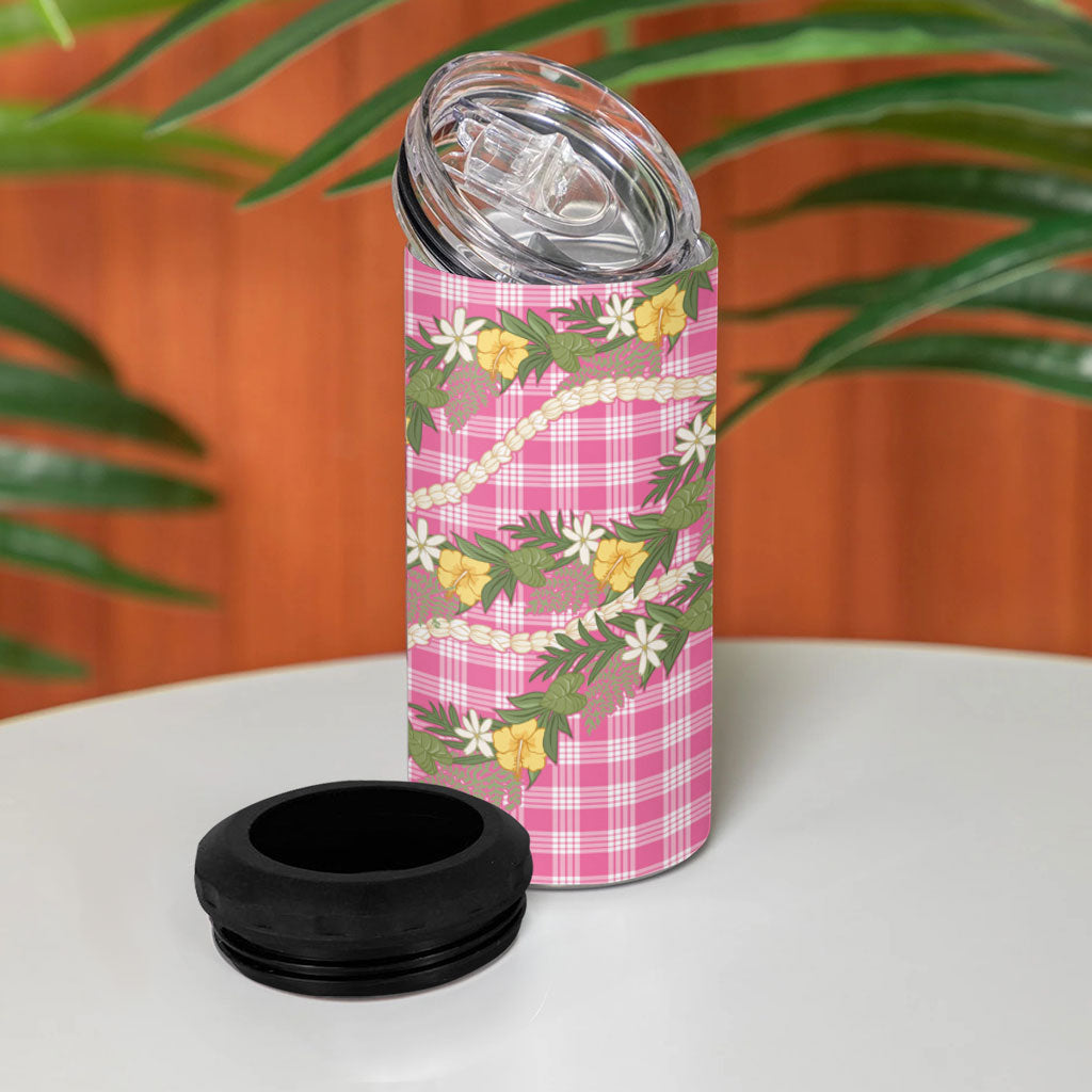 Aloha Puakenikeni Anthurium Pikake Lei 4 in 1 Can Cooler Tumbler Tropical Pink Hawaiian Palaka Pattern LT9 - Polynesian Pride