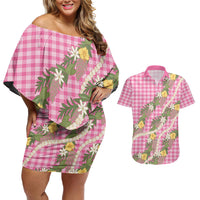 Aloha Puakenikeni Anthurium Pikake Lei Couples Matching Off Shoulder Short Dress and Hawaiian Shirt Tropical Pink Hawaiian Palaka Pattern LT9 Pink - Polynesian Pride