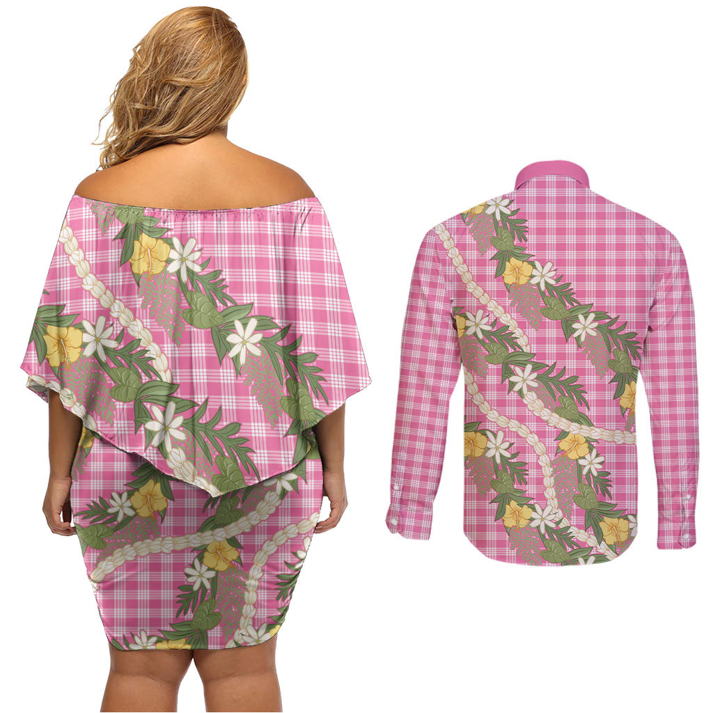 Aloha Puakenikeni Anthurium Pikake Lei Couples Matching Off Shoulder Short Dress and Long Sleeve Button Shirt Tropical Pink Hawaiian Palaka Pattern LT9 - Polynesian Pride