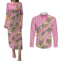 Aloha Puakenikeni Anthurium Pikake Lei Couples Matching Puletasi and Long Sleeve Button Shirt Tropical Pink Hawaiian Palaka Pattern LT9 Pink - Polynesian Pride
