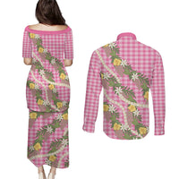 Aloha Puakenikeni Anthurium Pikake Lei Couples Matching Puletasi and Long Sleeve Button Shirt Tropical Pink Hawaiian Palaka Pattern LT9 - Polynesian Pride