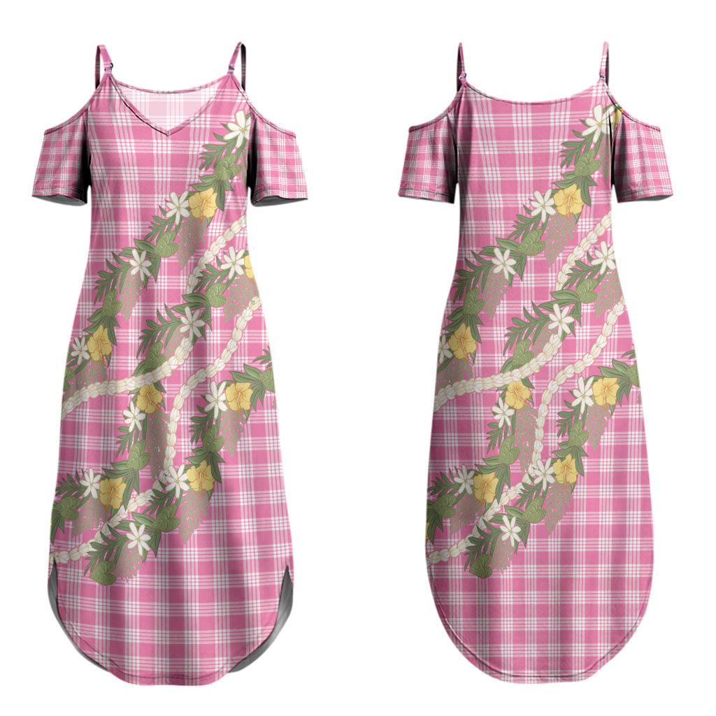 Aloha Puakenikeni Anthurium Pikake Lei Couples Matching Summer Maxi Dress and Long Sleeve Button Shirt Tropical Pink Hawaiian Palaka Pattern LT9 - Polynesian Pride