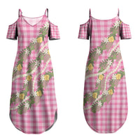 Aloha Puakenikeni Anthurium Pikake Lei Couples Matching Summer Maxi Dress and Long Sleeve Button Shirt Tropical Pink Hawaiian Palaka Pattern LT9 - Polynesian Pride