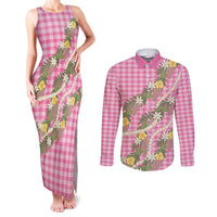 Aloha Puakenikeni Anthurium Pikake Lei Couples Matching Tank Maxi Dress and Long Sleeve Button Shirt Tropical Pink Hawaiian Palaka Pattern LT9 Pink - Polynesian Pride
