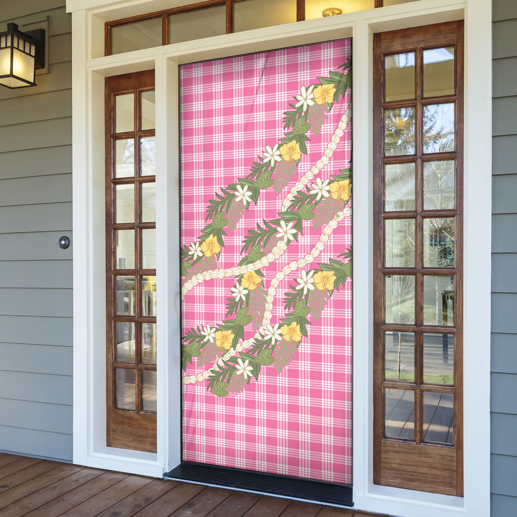 Aloha Puakenikeni Anthurium Pikake Lei Door Cover Tropical Pink Hawaiian Palaka Pattern