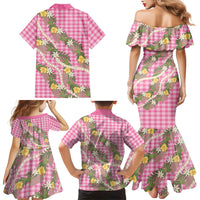 Aloha Puakenikeni Anthurium Pikake Lei Family Matching Mermaid Dress and Hawaiian Shirt Tropical Pink Hawaiian Palaka Pattern LT9 - Polynesian Pride
