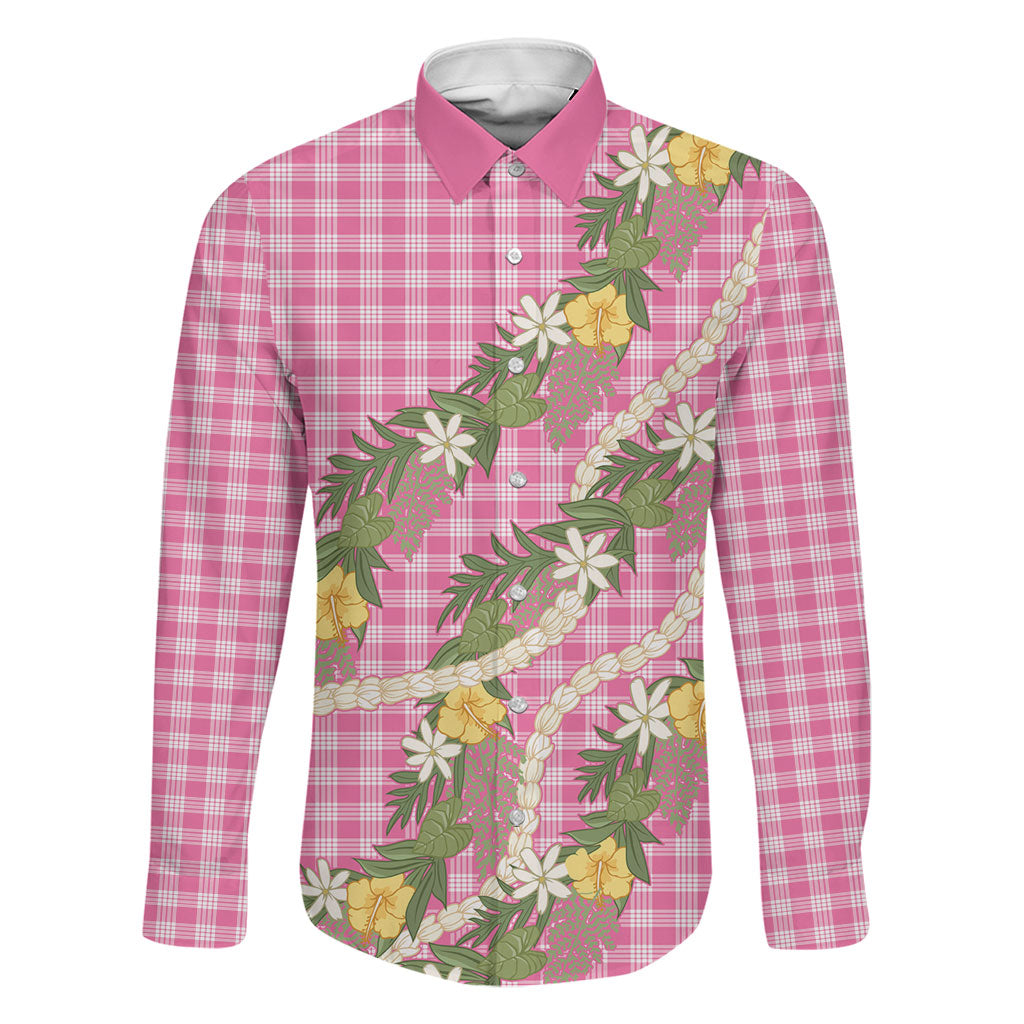 Aloha Puakenikeni Anthurium Pikake Lei Family Matching Mermaid Dress and Hawaiian Shirt Tropical Pink Hawaiian Palaka Pattern LT9 Dad's Shirt - Long Sleeve Pink - Polynesian Pride