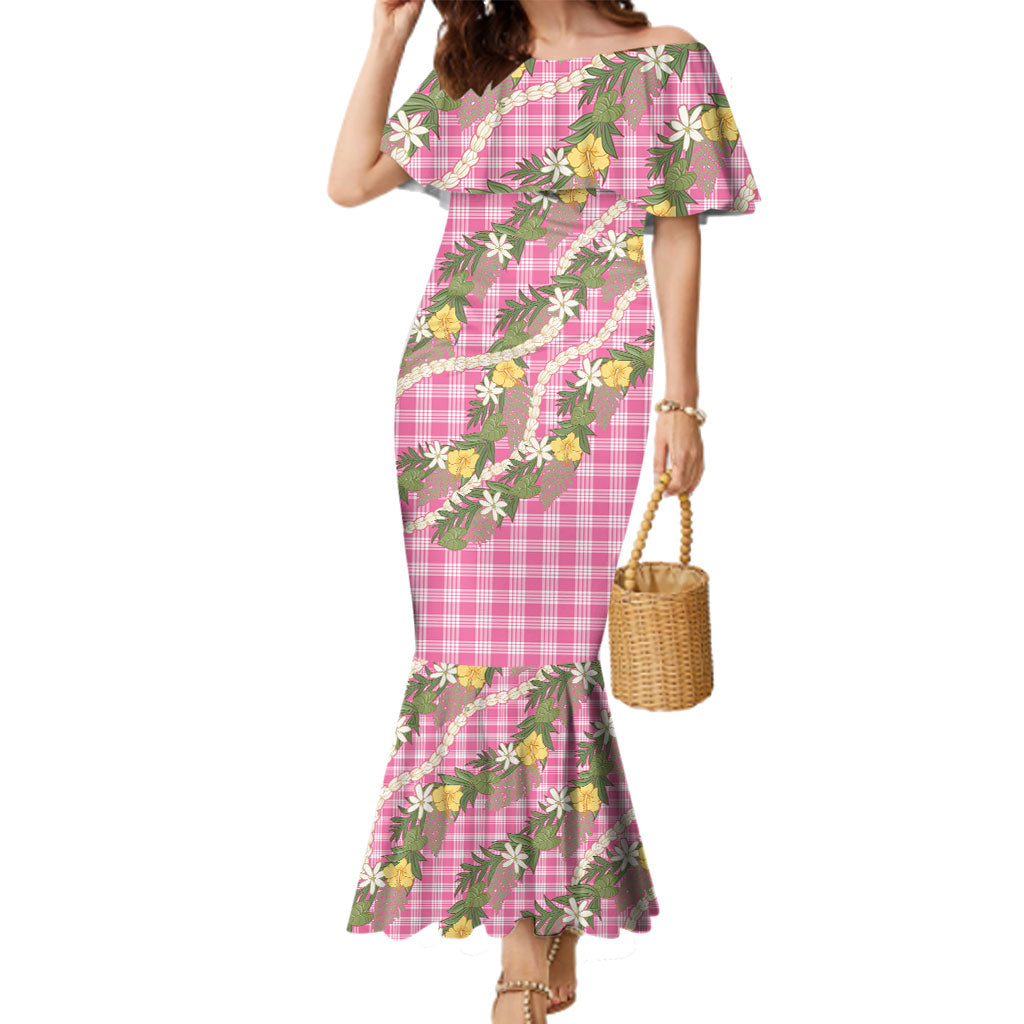 Aloha Puakenikeni Anthurium Pikake Lei Family Matching Mermaid Dress and Hawaiian Shirt Tropical Pink Hawaiian Palaka Pattern LT9 Mom's Dress Pink - Polynesian Pride