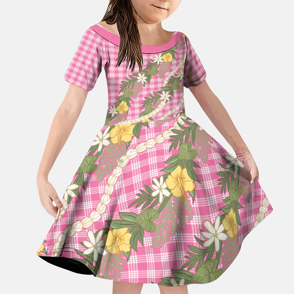 Aloha Puakenikeni Anthurium Pikake Lei Family Matching Off The Shoulder Long Sleeve Dress and Hawaiian Shirt Tropical Pink Hawaiian Palaka Pattern LT9 Daughter's Dress Pink - Polynesian Pride