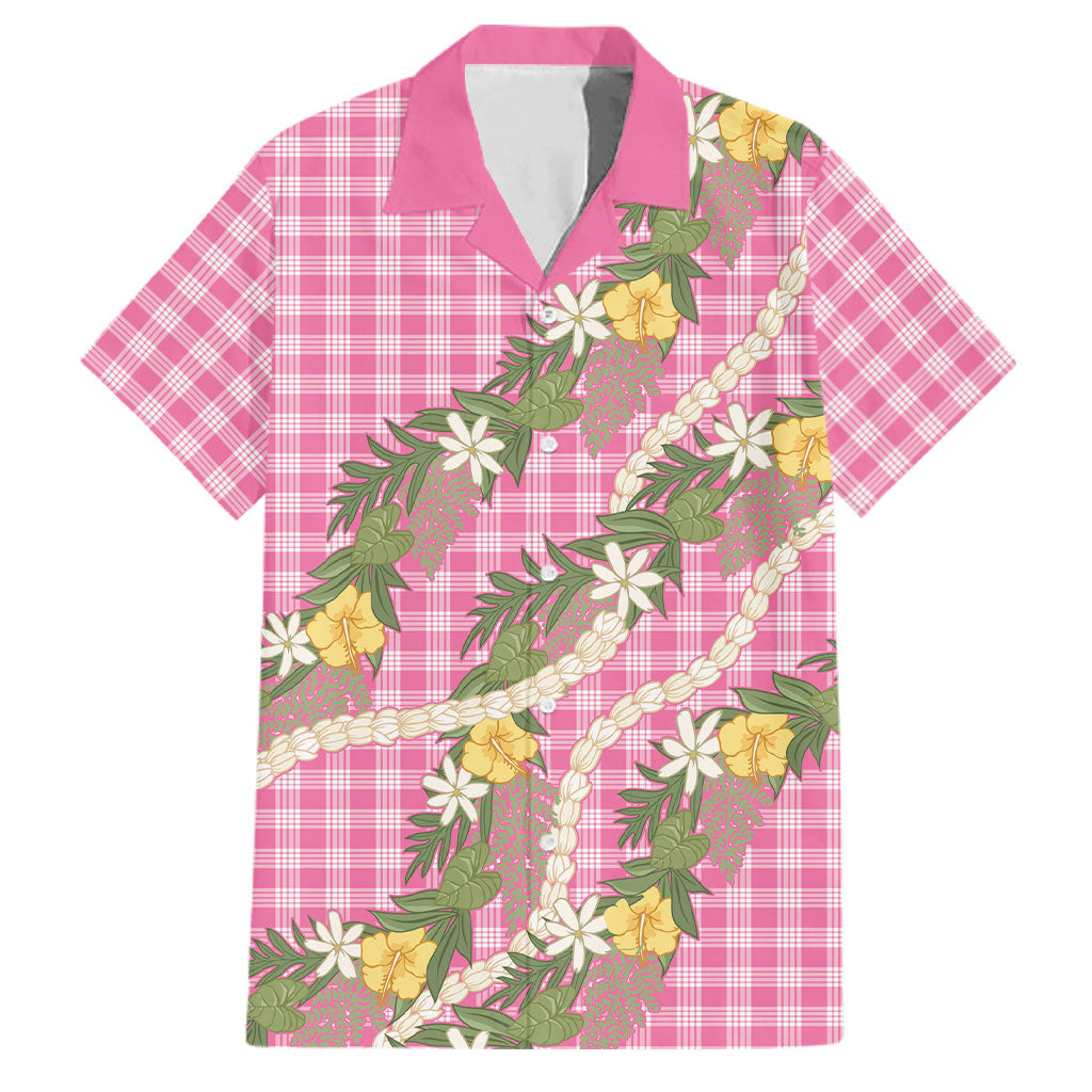 Aloha Puakenikeni Anthurium Pikake Lei Family Matching Off The Shoulder Long Sleeve Dress and Hawaiian Shirt Tropical Pink Hawaiian Palaka Pattern LT9 Dad's Shirt - Short Sleeve Pink - Polynesian Pride