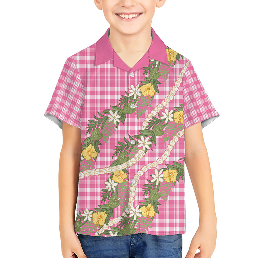 Aloha Puakenikeni Anthurium Pikake Lei Family Matching Off The Shoulder Long Sleeve Dress and Hawaiian Shirt Tropical Pink Hawaiian Palaka Pattern LT9 Son's Shirt Pink - Polynesian Pride