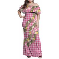 Aloha Puakenikeni Anthurium Pikake Lei Family Matching Off Shoulder Maxi Dress and Hawaiian Shirt Tropical Pink Hawaiian Palaka Pattern LT9 Mom's Dress Pink - Polynesian Pride
